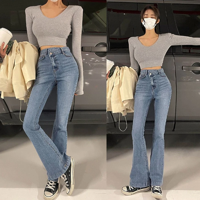 

Irregular oblique button jeans women's thin flared pants wide-leg trousers 2023 summer Korean fashion women xs jeans