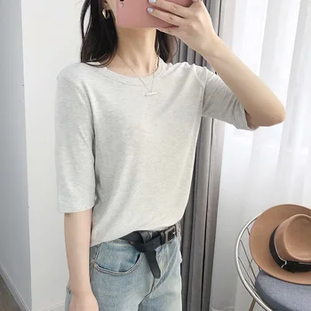 

100% Cotton Women Gray Color T-shirt Half Sleeve O-neck Simple Loose Top Female Wild Spring Summer Tees