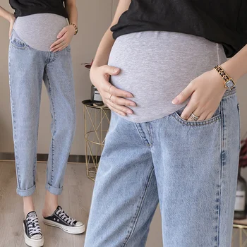 

8865# Autumn Spring Denim Maternity Jeans Adjustable Belly Straight Harem Pants Clothes for Pregnant Women Pregnancy Trousers