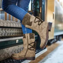 Сапоги до середины икры; зимние женские сапоги; ковбойские сапоги до колена; прошитая обувь на платформе; женская теплая обувь; повседневные сапоги