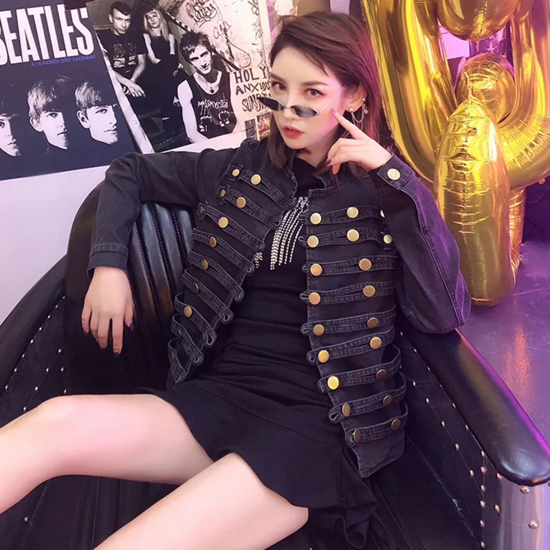 

[EWQ] Trendy Design Multi-button Long Sleeve Ladies Trend Coat Feminino 2019 Autumn New Vintage Stand Collar Denim Jacket QK864
