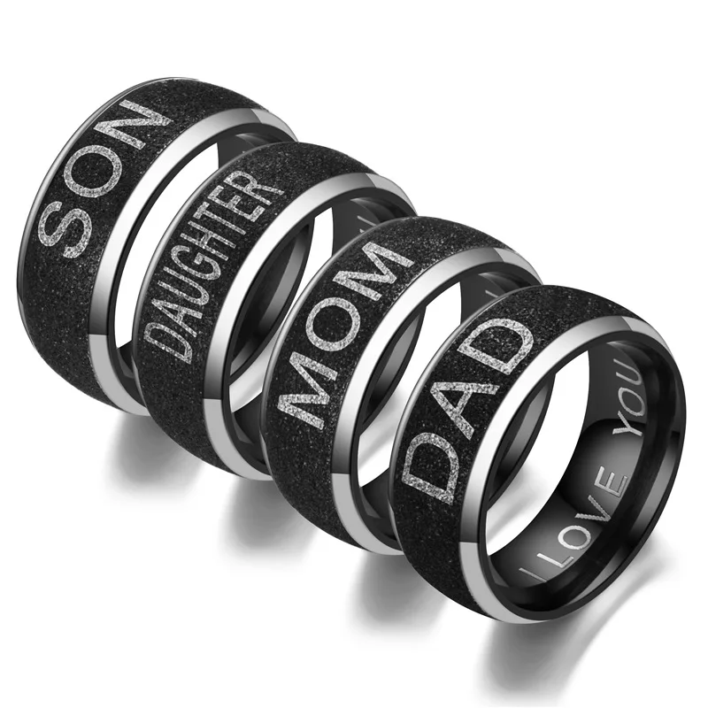 

Classic Couple Family Rings 6MM LOVE MOM SON DAUGHTER Elegance Stainless Steel Black Ring for Family Jewelry Gifts