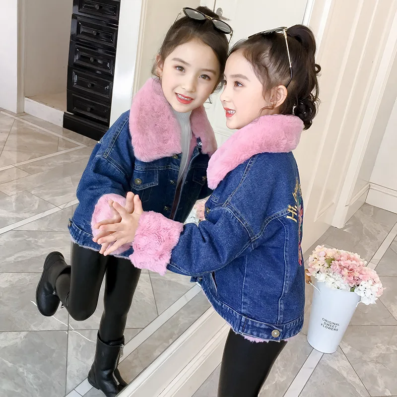 Зимние джинсовые куртки для девочек; плотные детские ковбойские теплые пальто для девочек с отложным воротником; плотные пальто из мягкого меха; детская зимняя верхняя одежда