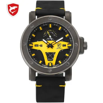 

Greenland Shark 2 Series Sport Watch Yellow Date Crazy Horse Leather Band Strap Quartz Men Clock montre homme Wrist Watch /SH455