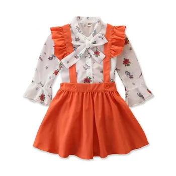 

DFXD New Design 2020 Spring Toddler Girl Clothes Set Flare Sleeve Bow Print Chiffon Blouse+Ruffles Strap Skirt 2PC Kids Set 2-8T