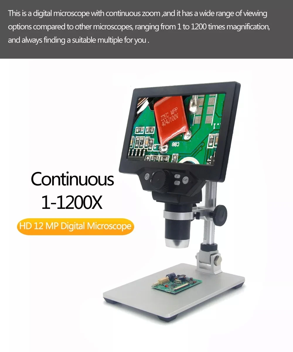 MUSTOOL G1200 Digital Microscope 12MP 7 Inch Large Color Screen Large Base LCD Display 1-1200X Continuous Amplification Magnifier with Aluminum Alloy Stand Power Supply Version
