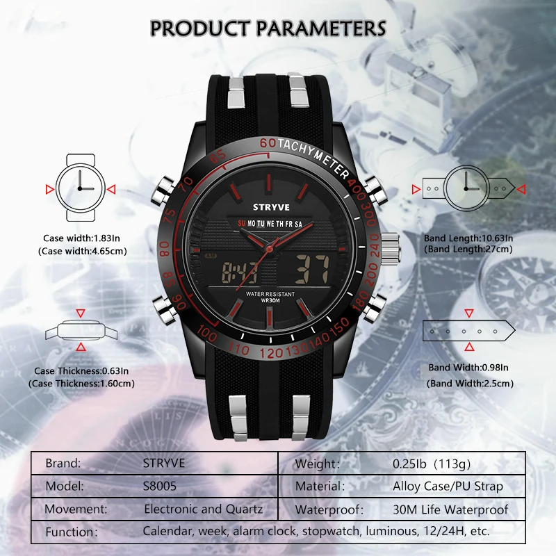 STRYVE Casual Watch Men Sport LED Digital Watch Waterproof Quartz Watches Men Luxury Brand Steel Band Relogio Masculino Clock