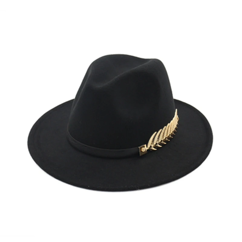 

autumn hat Imitation wool Flat wide brim hats for women leather Fishbone Belt Vintage Hats red black camel felt fedora hat man