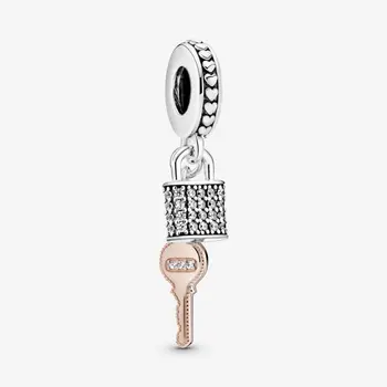 

100% 925 Sterling Silver Charm Rose Gold With Crystal Padlock Key Pendant Fit Pandora Women Bracelet & Necklace Diy Jewelry