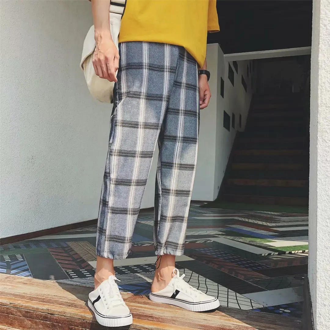 

Network Red Plaid Capri Skinny Casual Pants Men's Thin Summer Thin Section Korean-style Versatile Loose Straight Harem Pants Sub