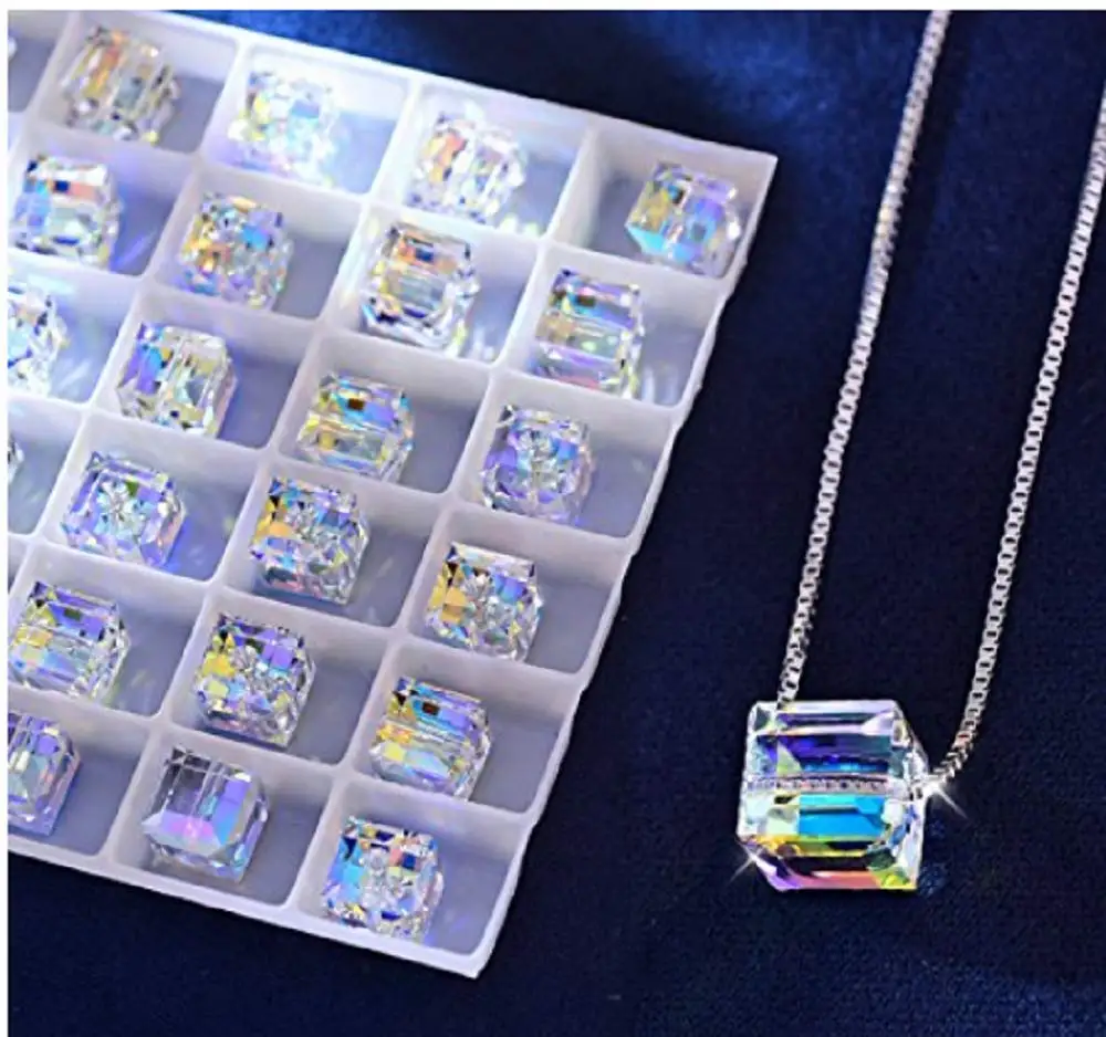 Новый Кристалл от Swarovski куб кулон ожерелье для женщин серебряный цвет коробка