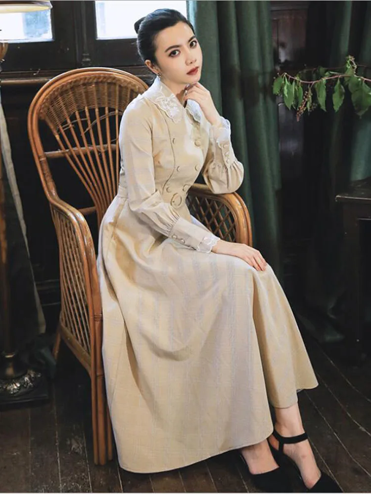 

High Quality Best-selling Autumn Winter New Arrival Flower Embroidery Peter Pan Collar Plaid Woman Long Dress With Belt E473