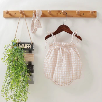 

Newborn Baby Girls Romper Infant Clothes Summer Dot Ruffle Lovely Bow Strap Bodysuit+hair Band 2 PCS Sets Toddle Outfits 0-18M