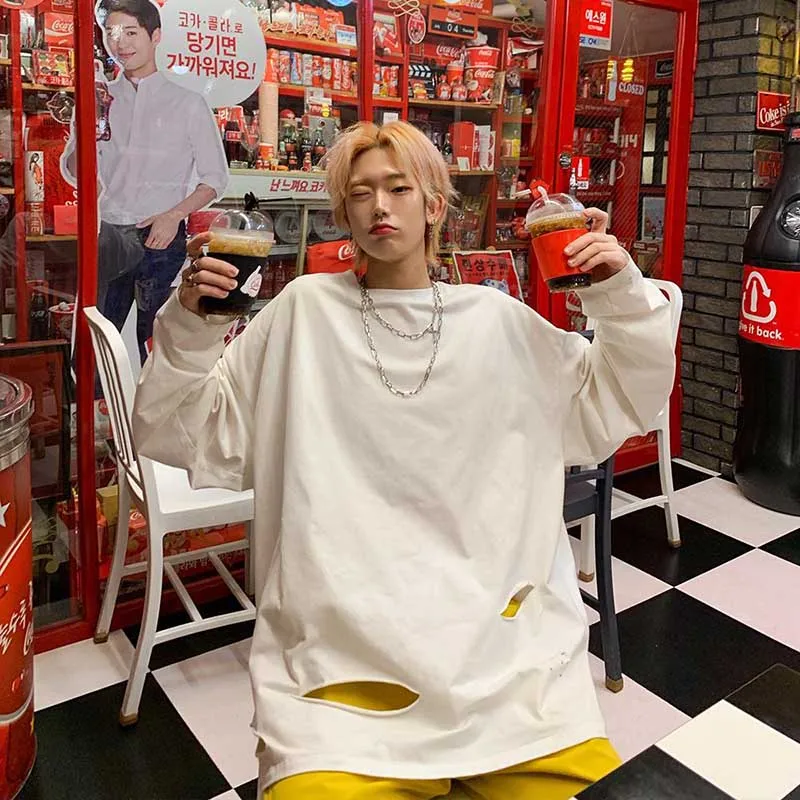 Мужские толстовки NiceMix в стиле хип хоп с рваными дырками футболки круглым вырезом