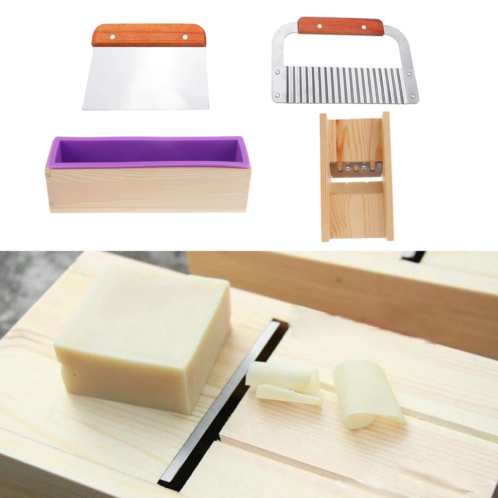 4pcs Soap Cutting Making Molds Kit, Rectangle Silicone Mold+Wood Box+1Pcs Wooden Beveler Planer+2x Mixed Stainless Steel Cutter