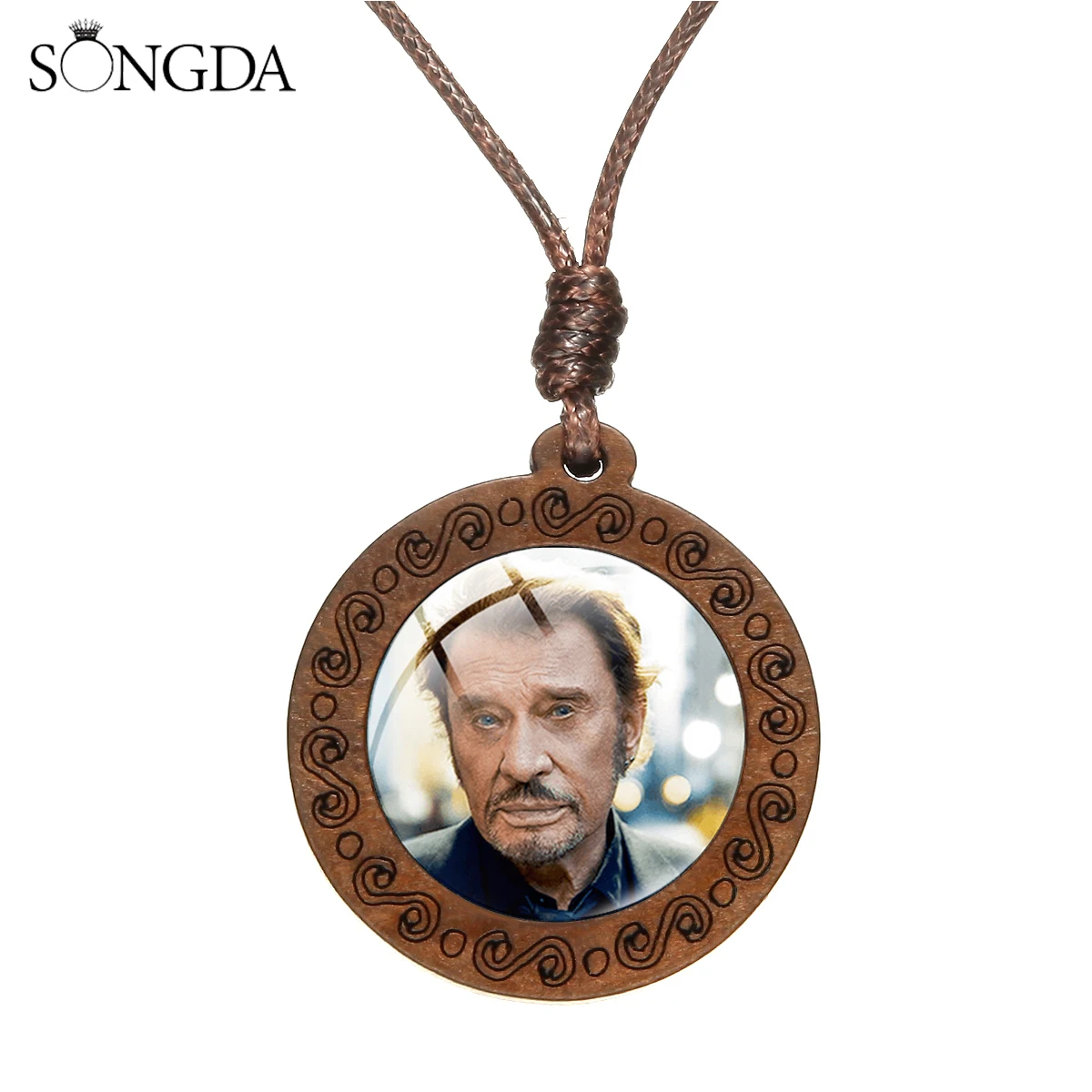 

SONGDA Rock Singer Johnny Hallyday Charm Necklace Celebrity Periphery Jewelry Men Women Retro Wooden Pendant Rope Chain Choker