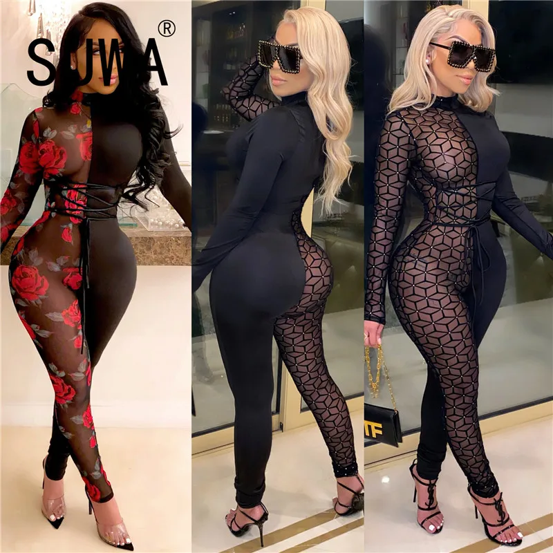 High Neck Long Sleeve Skinny Jumpsuits Sexy Tight Club Party Lady Fashion Sheath Bodysuits |