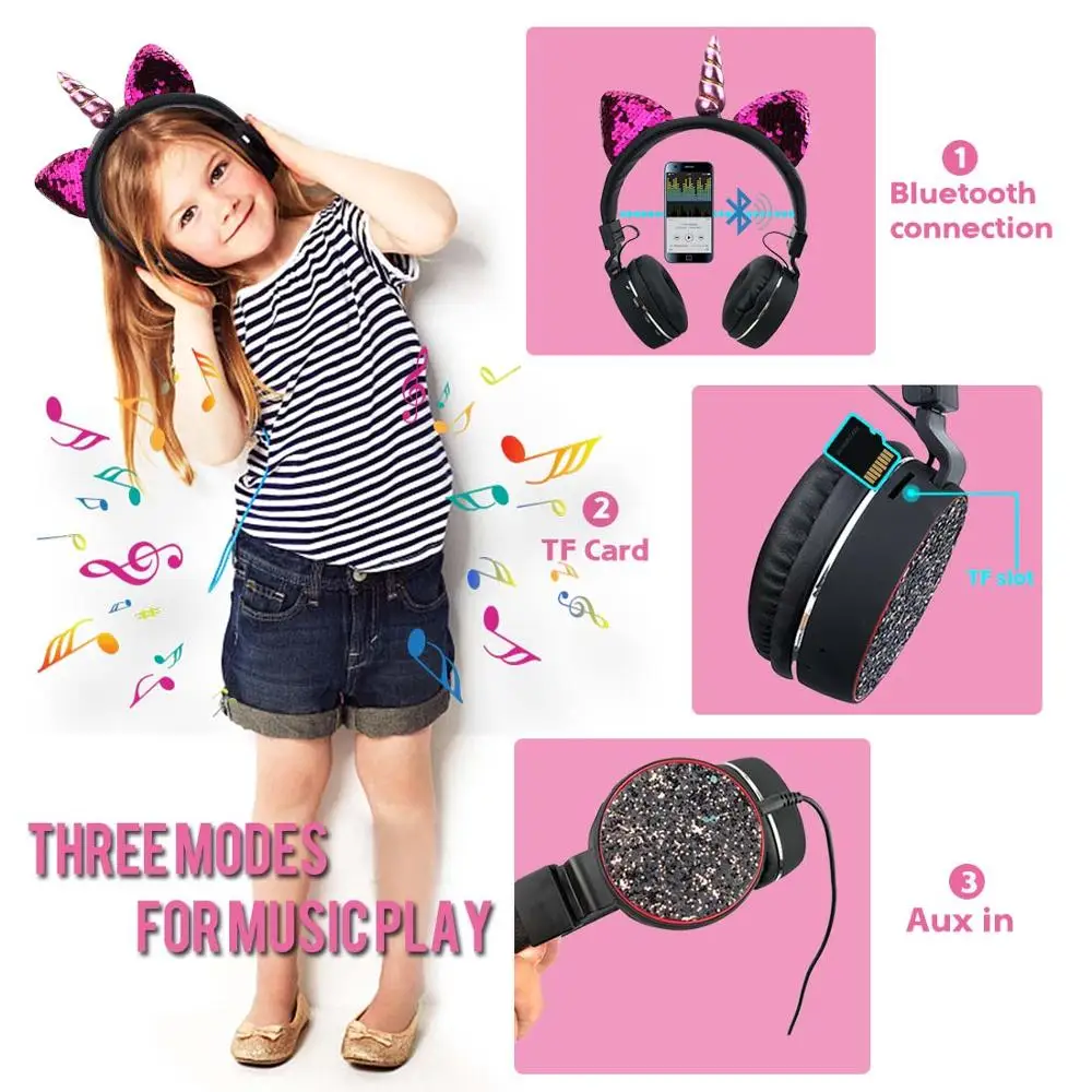 JINSETR Bluetooth Cat Ear Kids Headphone Foldable Stereo Unicorns Headphones Music Player Support Handsfree for Boys and Girls