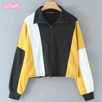 

Long-sleeved Colorblock Pullover High Collar Women's Sweatshirt 2019 Autumn New Style Hip Hop Drawstring Waist Hit Color Female