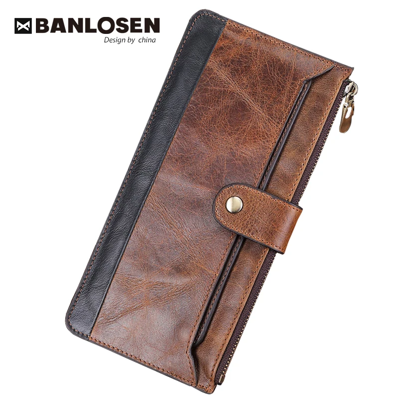 Billeteras con monedero para hombre, bolso de mano fino, de cuero genuino, a la moda, 2019