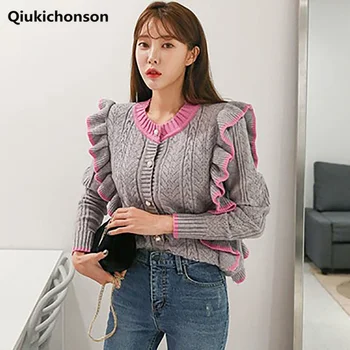 

Korean Style Cute Contrast Color Ruffle Cardigans Female Spring Autumn Fashion Hollow Out Twisted Knitted Button Cardigan Jacket