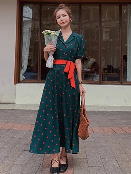 

Summer New Women Short Sleeve Shirt Dress Loose Casual Dot Green Long Bandage Dress Office Lady Korean Big Swing Elegant Dresses