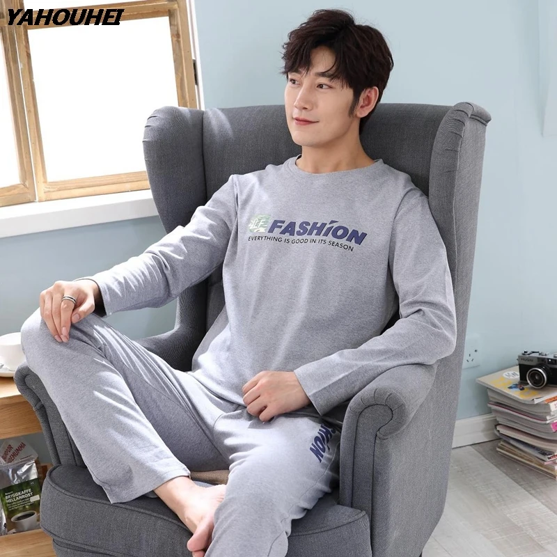 

Casual Letter Cotton Pajama Set For Men 2020 Autumn Winter Long Sleeve O-Neck Pyjama Plus Size Male Lounge Homewear Home Clothes