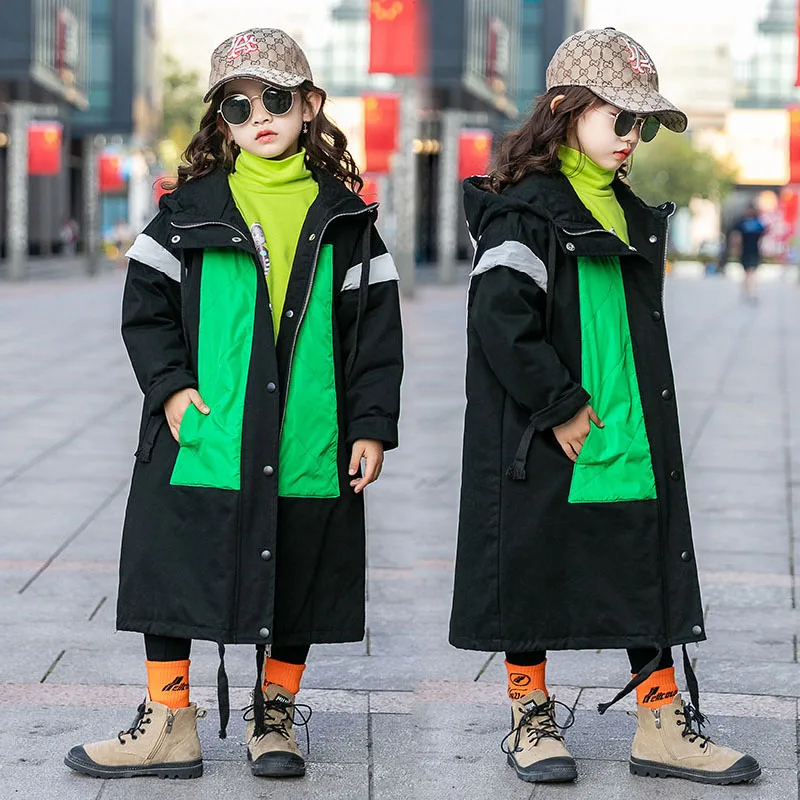 Подростковая детская зимняя куртка для девочек, верхняя одежда модные утепленные детские пуховые пальто для девочек Лоскутные Длинные куртки для детей 10, 12, 14 лет