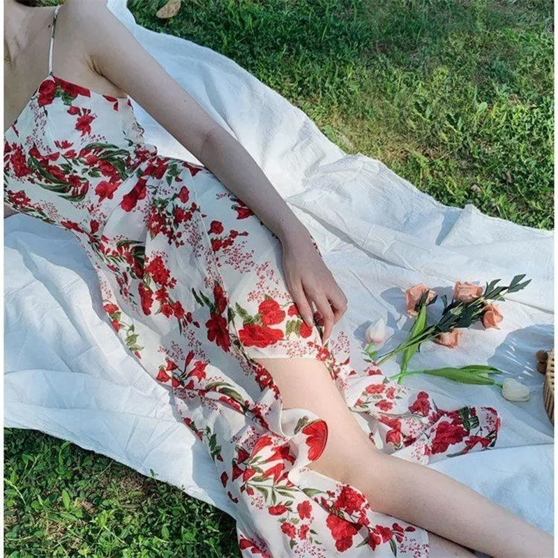 

French gentle wind broken flower suspender split dress fairy slim temperament spring and summer 2021 new style