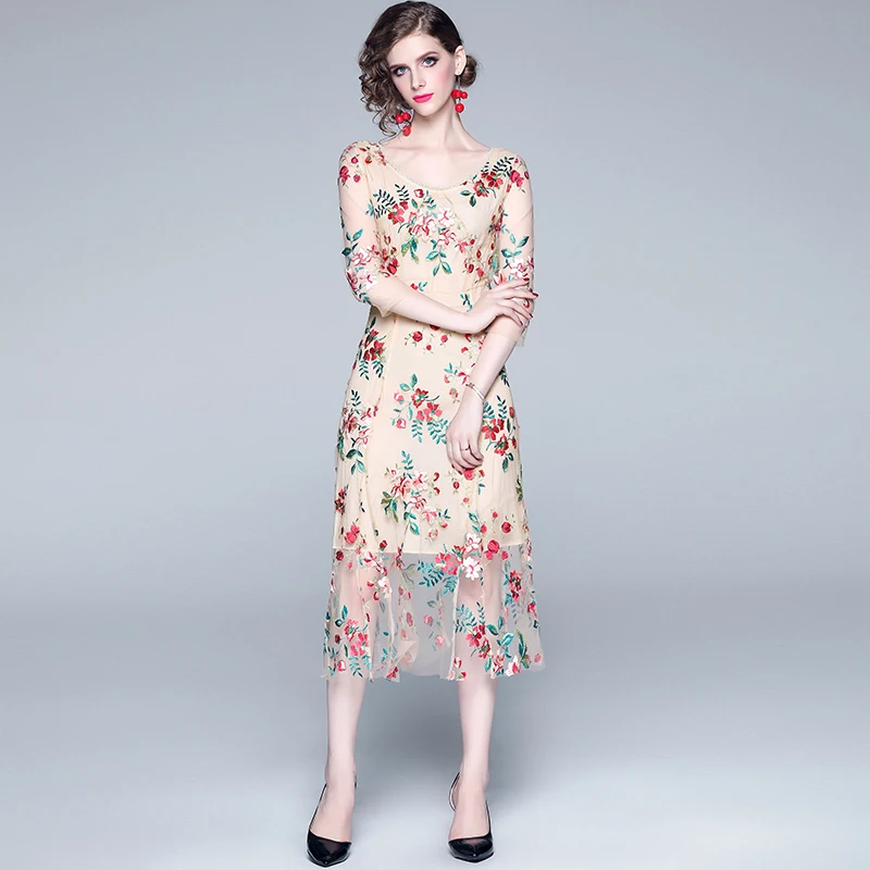 Retro Summer Floral Mesh Embroidered Dresses Vestido Invierno Mujer 2019 Women Beach Midi Party Dress Vestito Donna Estate K6553