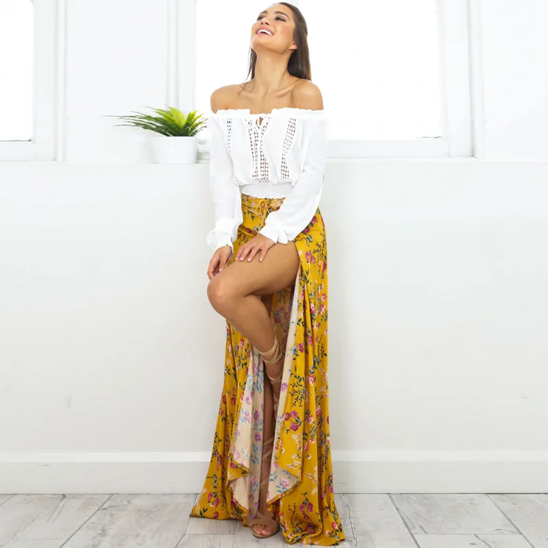 

Bohemian Women Flower Print Single Breasted Buttons Skirt Front Slit Vintage Back Bandage Elastic Waist Maxi Long Bottoms