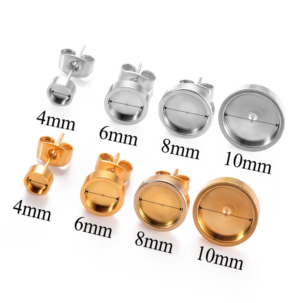 20 Stück Edelstahl Blank Base Round Tray Cabochon Setting Post Stud Ohrringe Passend für 4/6/8/10 mm Cabochon Ohrring Diy Schmuck – Detail 2