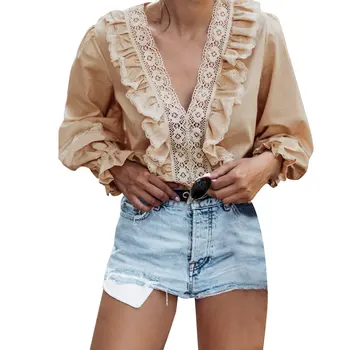 

Lace Ruffles Patchwork Deep V-Neck Blouses Women Tops Stitching Long Sleeve Solid Color Tops 2019 Autumn Fashion Female Shirts