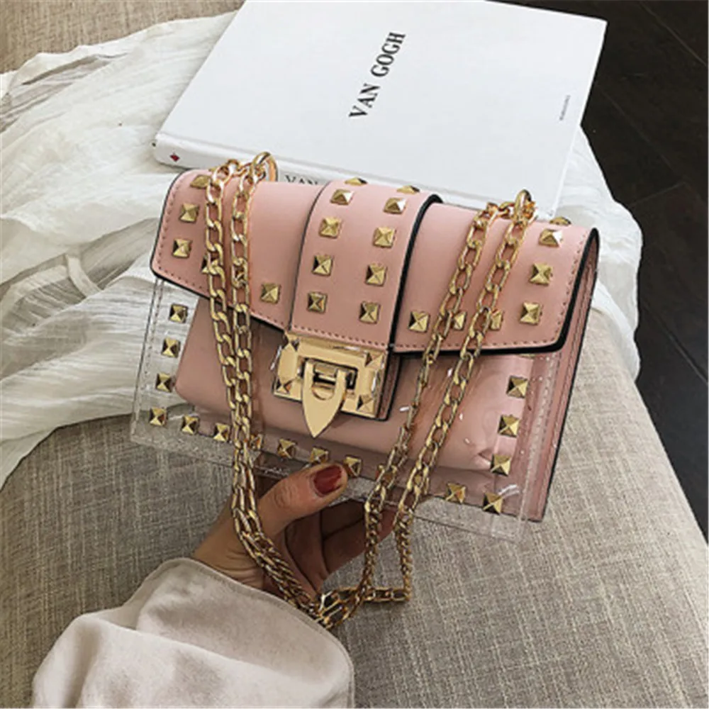Розовый Small Clear Cosmetic Bags Female PU Make Up Bags Women Fashion Rivets Transparent Cosmetic Shoulder Bag Travel Organizer - Цвет: Розовый