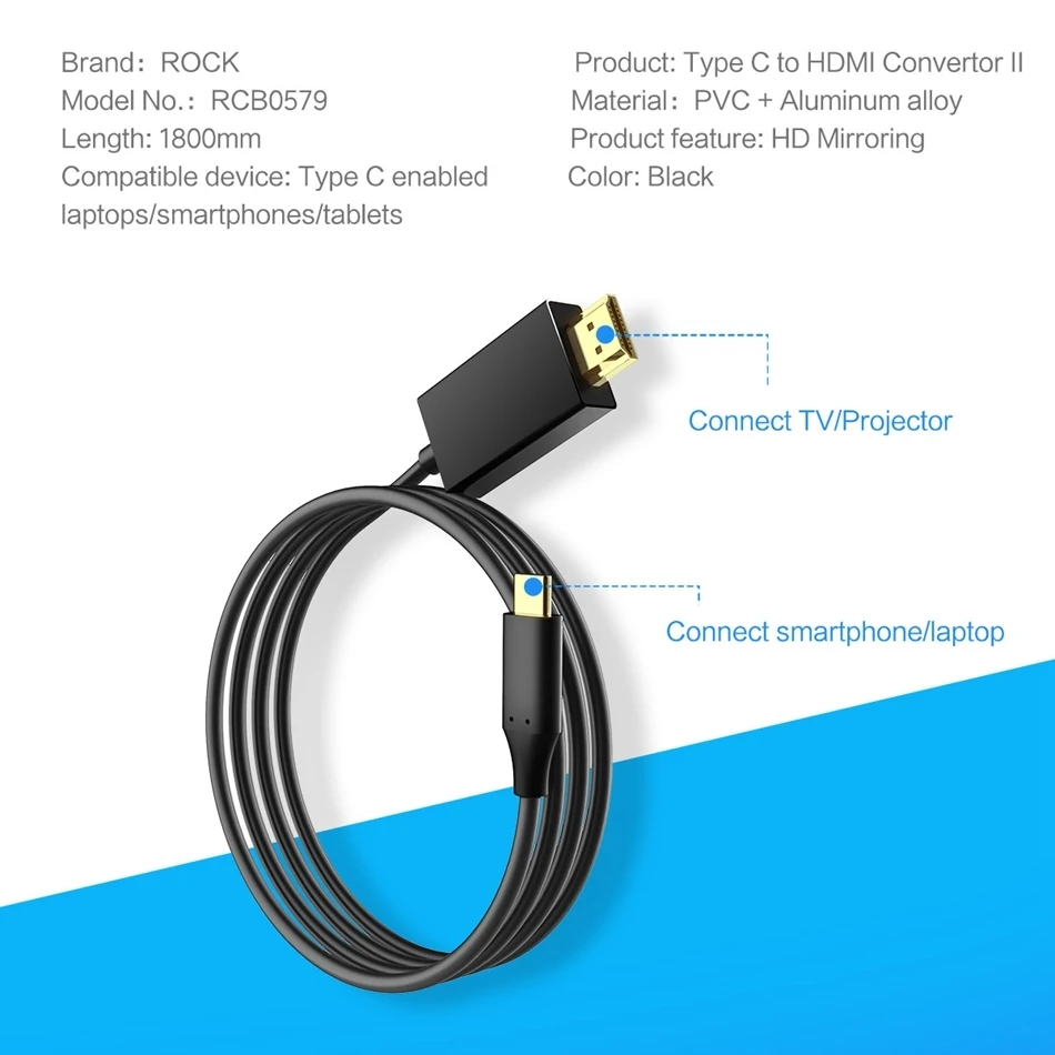 ROCK 4K HD зеркалирование usb type C к HDMI Конвертор Кабель usb type C к HDMI адаптер кабель для Macbook huawei samsung разъем