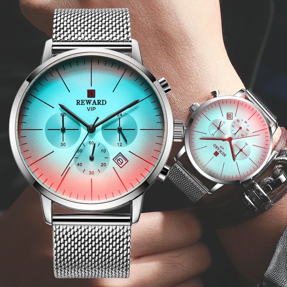 Masculinos de Vidro Relógio de Pulso Nova Moda Relógios Multicolorido Recompensa Topo Marca Luxo Cronógrafo Prata Aço Inoxidável 2020