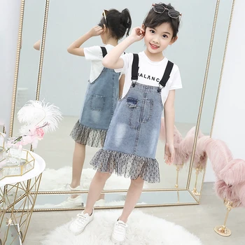 

Fashion Girls Denim Sundress Summer Suspender Dresses Kids Mesh Overalls Dress For Girls Soft Children Clothes 3-14 years