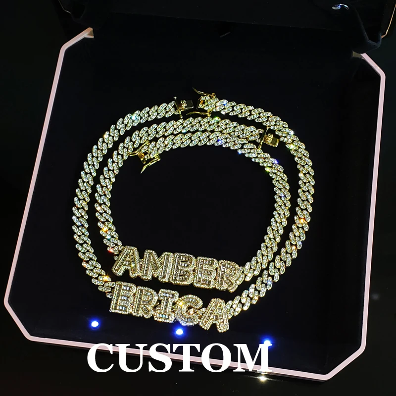 Customized Zircon Name Necklace with  9mm Rhinestone Cuban Chain  Iced Out Letters Choker Necklace for Women Birthday Gift classic moroccan caftan dress waist belt gold plated with rhinestone middle east muslim wedding belts ethnic birdal chain belts