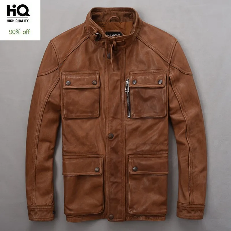 

2020 Moto biker Slim Fit Mens Natural Cow Leather Jacket Pocket Vintage Stand Collar Real Leather Jacket Coats Short Overcoats