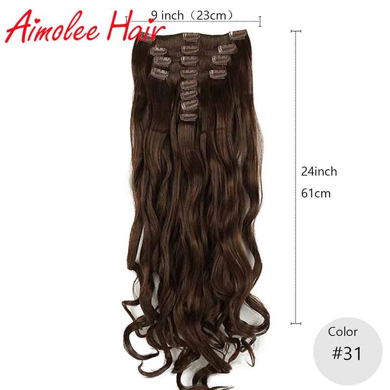 24inch 8pcs/set Natural Long Wavy Copper Red Auburn Synthetic Hairpiece Clip In Hair Extensions 16 Clip High Temperature Fiber