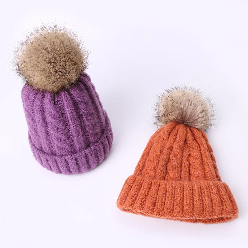 Faux Fur Pompon Beanie Hat For Women Children Winter Wool Crochet Caps For Baby Boys Girls Skullies Beanies Solid Color Ski Cap