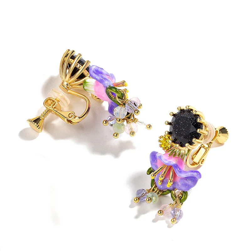 Сочный Виноград фиолетовый корова цветок серьги женские эмалированные серьги дизайн декоративные серьги Французский стиль - Окраска металла: clip on earrings