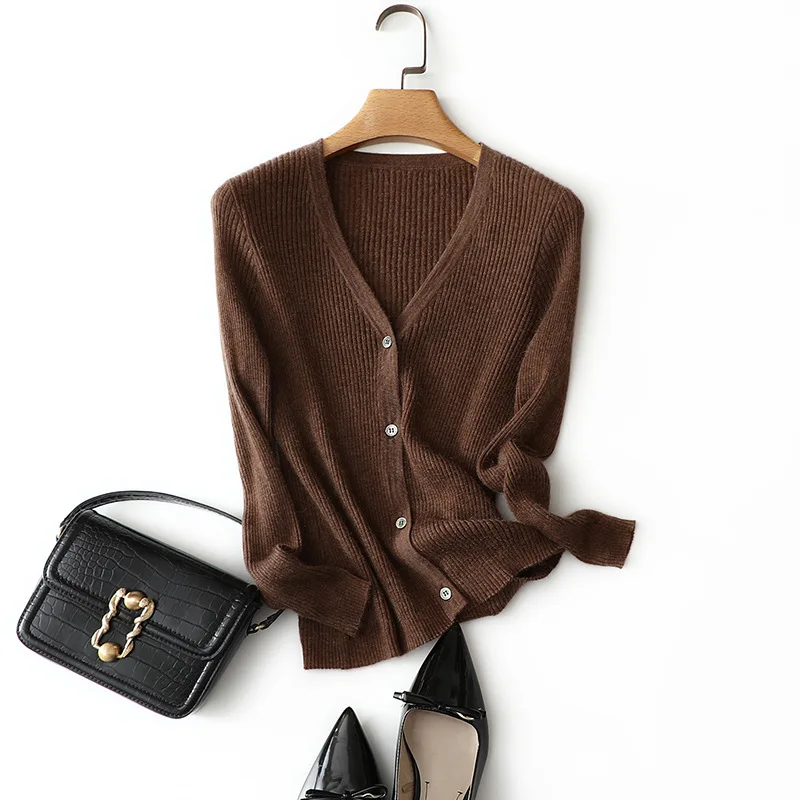 US $121.50 spring autumn womens casual v neck long sleeve ribbed knit 100 cashmere cardigan