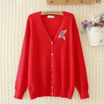 

Plus size cotton wool V-neck cat Embroidery women loose sweaters 2020 new winter autumn casual ladies red knitted Cardigans tops