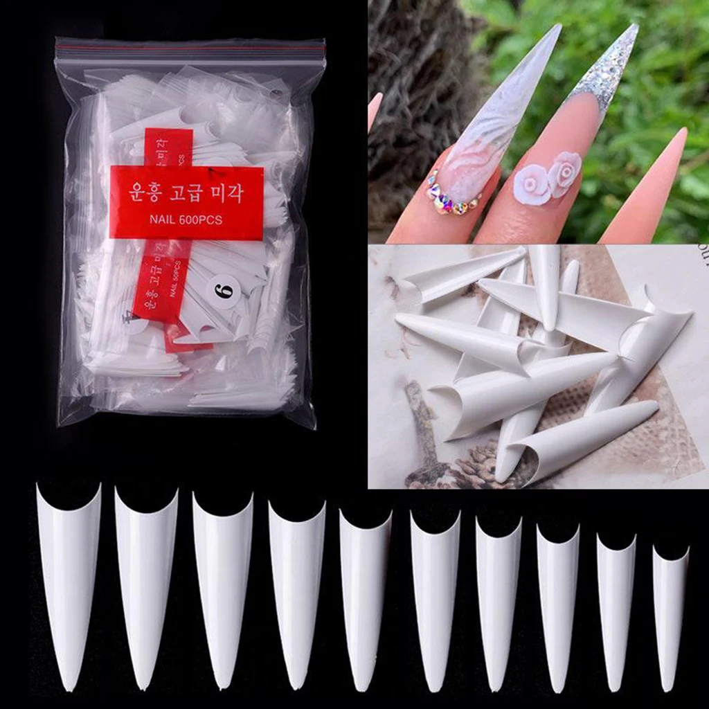 600Pcs Clear Natural White French Stiletto False Nails Tips Half Cover Fake Nails Manicure Acrylic Nail Art Tools