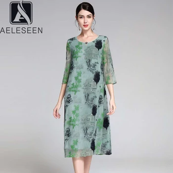 

AELESEEN High Quality Loose Spring Summer Dress Women 2020 Half Sleeve Green Dress Flower Embroidery Blue Casual Plus Size Dress
