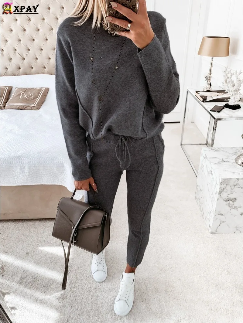 

High Collar Casual Two 2 Piece Outfits for Women Pants and Top Piece Sets for Long Sleeve Pullover Drawstring Sports Set