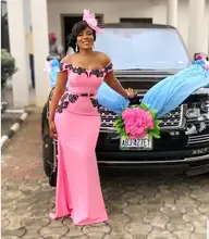 Modern African Off the Shoulder Mermaid Bridesmaid Dresses Long Satin Black Lace Appliques  Formal Wedding Guest Gowns