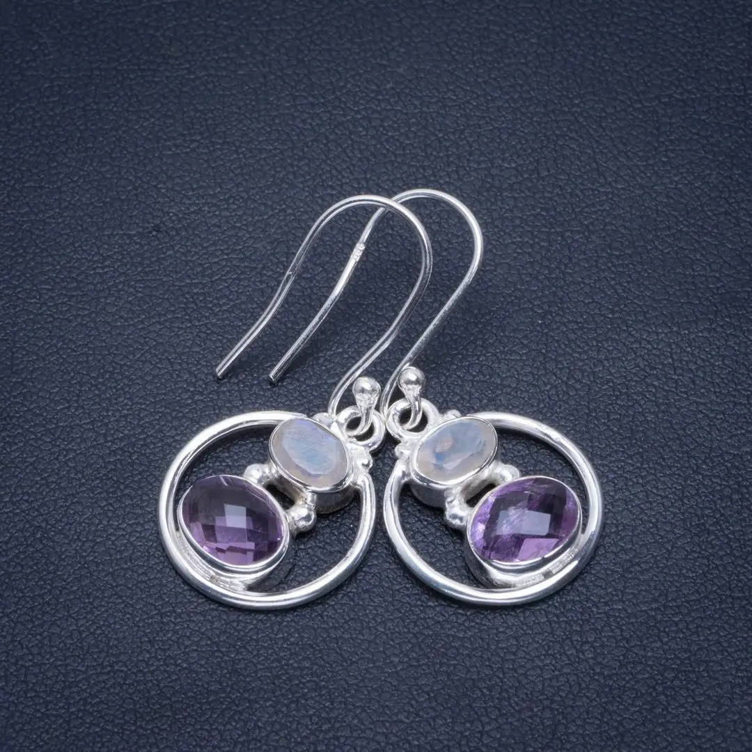 

Natural Amethyst and Rainbow Moonstone Handmade Unique 925 Sterling Silver Earrings 1.25" B2810