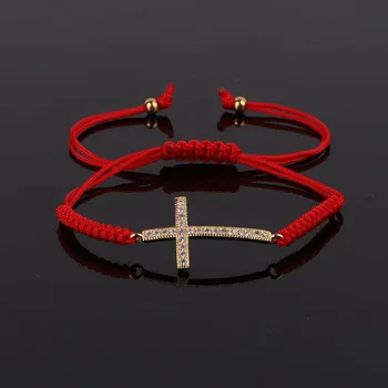 Simple Design CZ Micro Pave Cross Charm Cord Braided Friendship Bracelet Women Men